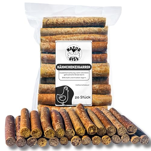 Naturbiss Hundezigarren aus HÄHNCHEN - 20 Stück (12 cm) - Barf Leckerlis Hypoallergen & Getreidefrei Zigarre - Monoprotein, 98% Muskelfleisch Rollen - Hähnchenfleisch Trockenbarf für Hunde von Naturbiss