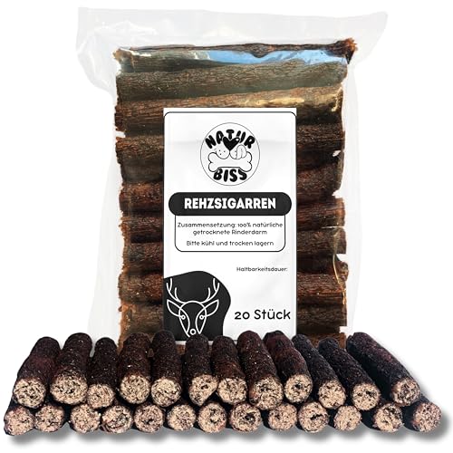 Naturbiss Hundezigarren aus REH - 20 Stück (12 cm) - Hypoallergen & Getreidefrei Zigarre - Monoprotein, 98% Muskelfleisch Rollen - luftgetrocknetes Rehfleisch Hundesnack von Naturbiss