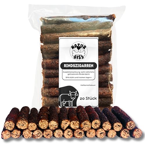 Naturbiss Hundezigarren aus RIND - 20 Stück (12 cm) - Hypoallergen & Getreidefrei Zigarre - Monoprotein, 98% Muskelfleisch Rollen - luftgetrocknetes Rindefleisch Hundesnack von Naturbiss