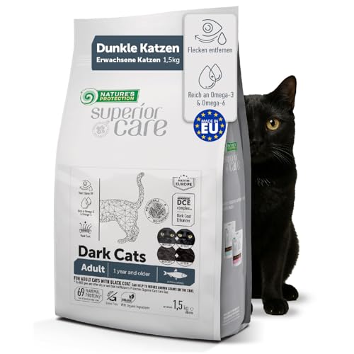 Nature's Protection Superior Care Dark Cats Getreidefreies Trockenfutter für Katzen mit Hering für ausgewachsene Katzen Aller Rassen, Keine Tränenflecken, Keine Haarballen, 1,5 kg. von Nature's Protection