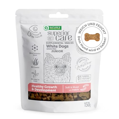 Nature's Protection Superior Care White Dogs Getreidefrei Gesundes Wachstum & Entwicklung Leckerlis mit Insekten für Junior Hunde Aller Rassen, Tränenflecken Reduktion, 150g von Nature's Protection