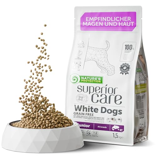 Nature's Protection Superior Care Trockenfutter für Alle Rassengrößen Hunde Fell der Hellen Farbe (Malteser, Bichon Frisé) I Mit Lachs I Immunsystem I Getreidefrei I Tränenfleckentferner, 1.5kg von Nature's Protection