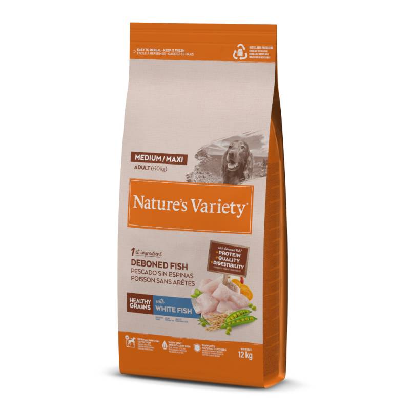 1,5 kg gratis! 12 kg Nature's Variety Medium/Maxi Trockenfutter - Healthy Grains Adult Weißfisch von Nature’s Variety