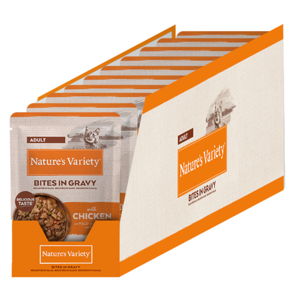 16 + 6 gratis! 22 x 85 g Nature's Variety Bites in Soße Adult - mit Huhn von Nature’s Variety