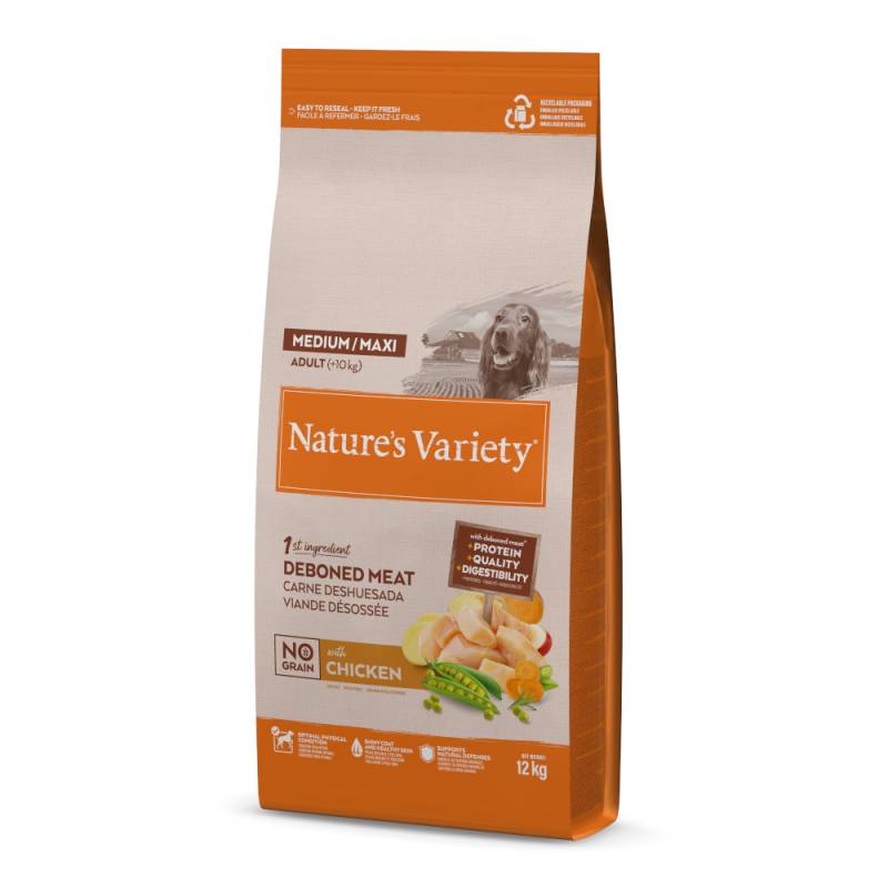 2 kg gratis! 12 kg Nature's Variety Medium/Maxi Trockenfutter - No Grain Adult Freilandhuhn von Nature’s Variety