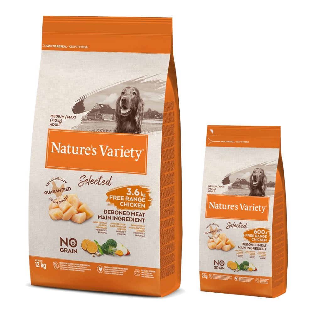 2 kg gratis! 14 kg Nature's Variety - Selected Medium / Maxi Adult Freilandhuhn von Nature’s Variety