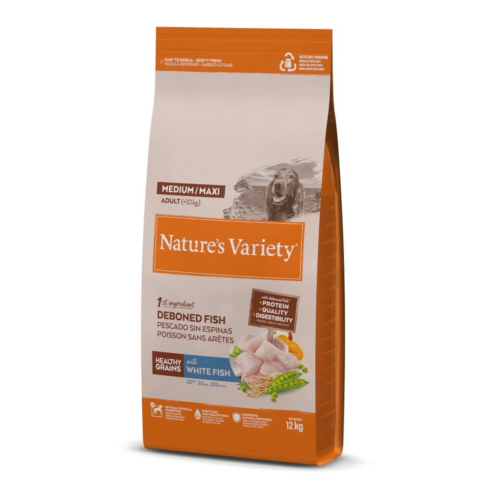 2 kg gratis! 7 kg / 10 kg / 12 kg Nature's Variety - 12 kg Healthy Grains Adult Medium/Maxi Weißfisch von Nature’s Variety