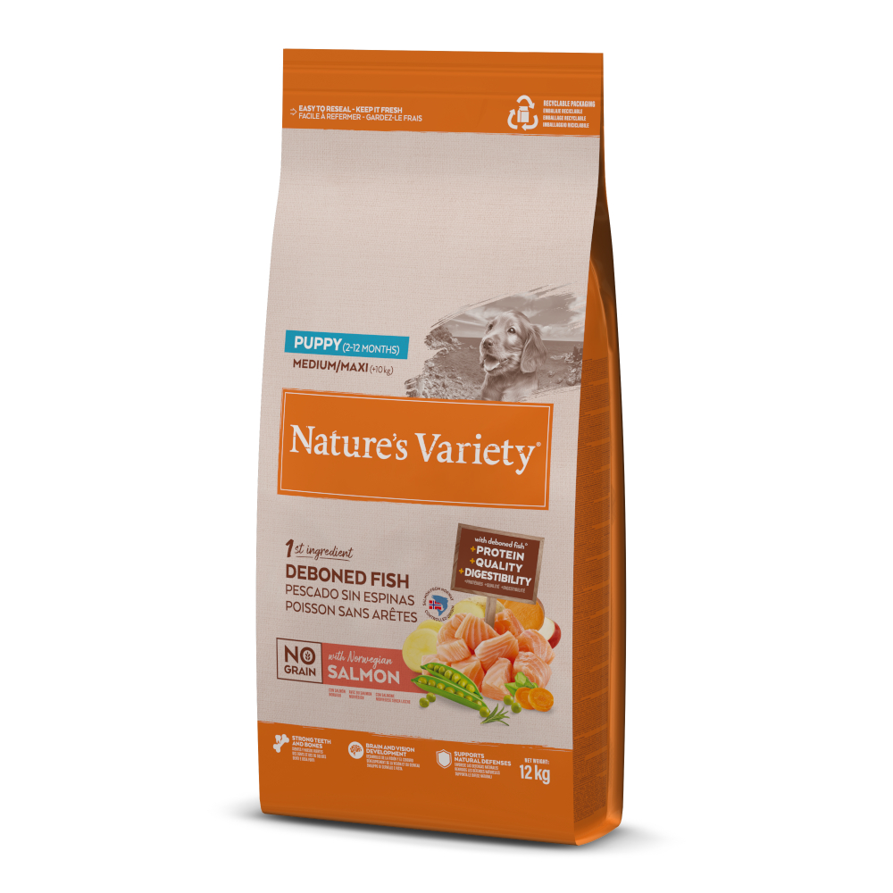 2 kg gratis! 7 kg / 10 kg / 12 kg Nature's Variety - 12 kg No Grain Puppy Medium/Maxi Lachs von Nature’s Variety