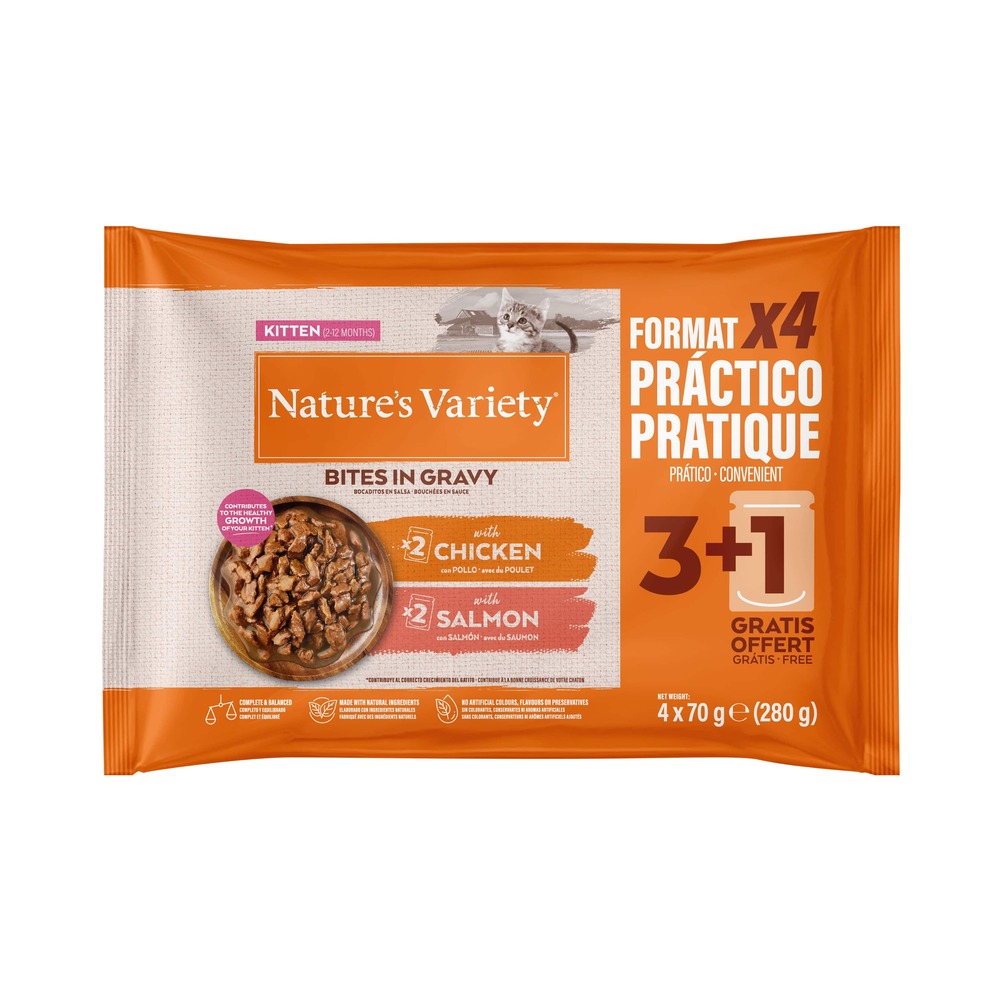 2 x Nature's Variety Bites in Soße zum Sonderpreis! - Kitten mit Huhn & Lachs (2 x 44 x 70 g) von Nature’s Variety
