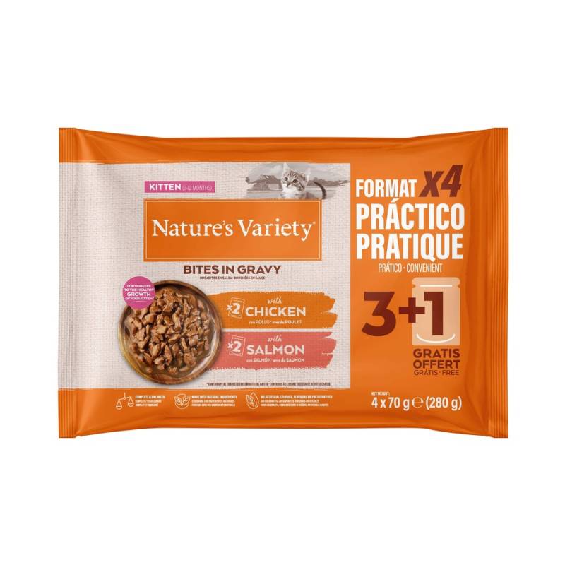 2 x Nature's Variety Bites in Soße zum Sonderpreis! - Kitten mit Huhn & Lachs (2 x 44 x 70 g) von Nature’s Variety