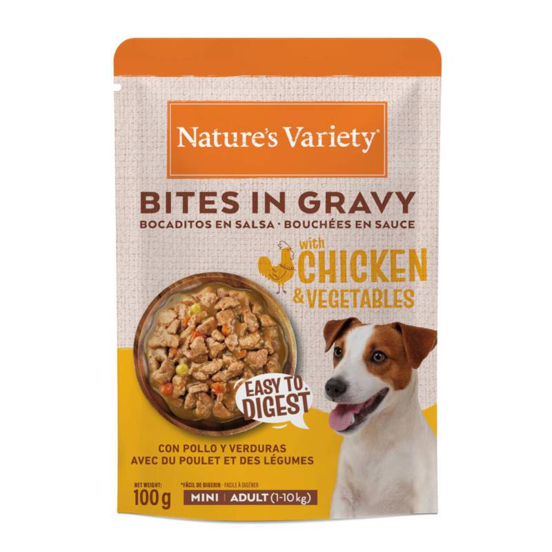2 x Nature's Variety Nassfutter zum Sonderpreis! - (2 x 24 x 100 g) Bites in Soße Mini Adult mit Huhn & Gemüse von Nature’s Variety