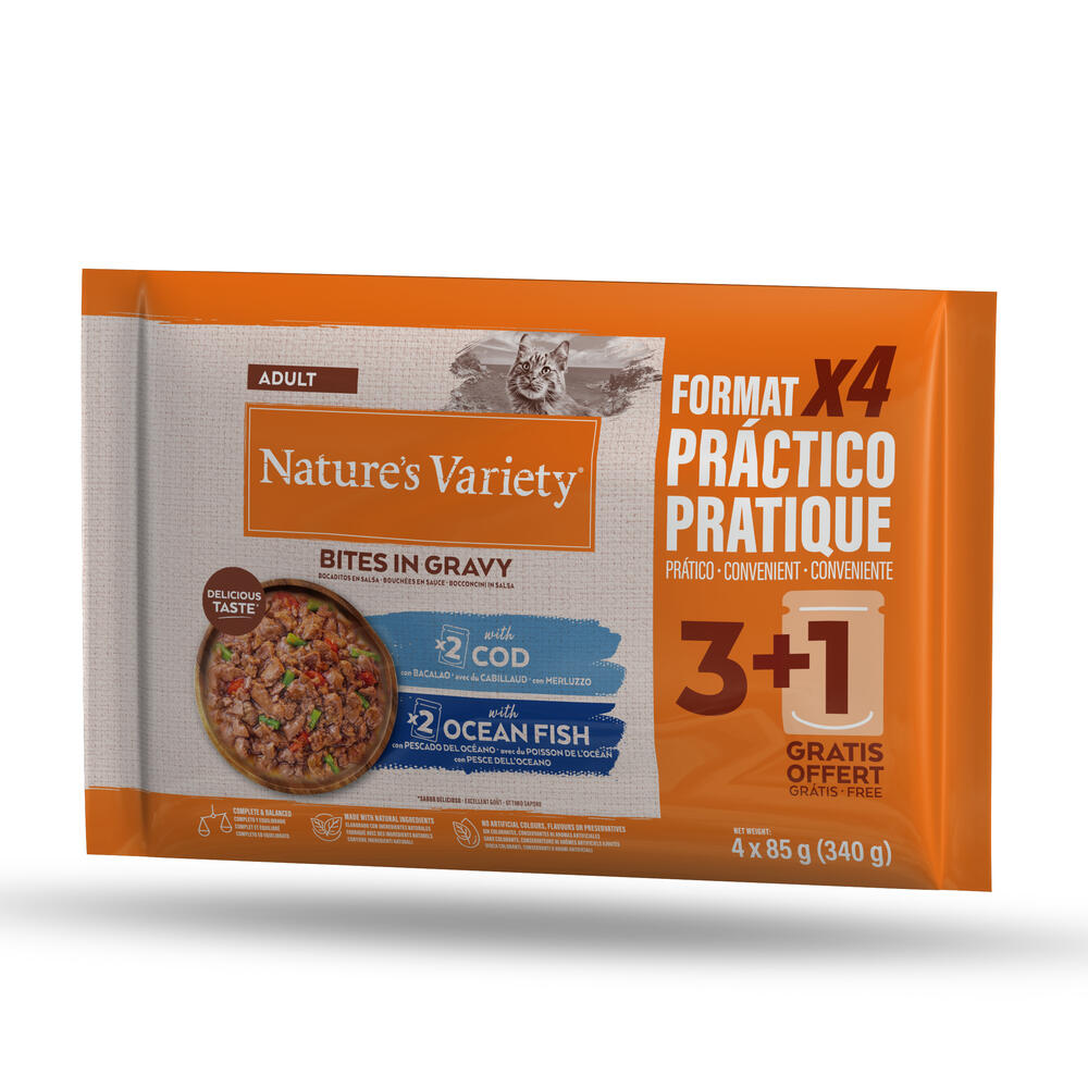 2 x Nature's Variety zum Sonderpreis! - Bites in Soße Adult Kabeljau & Meeresfisch (2 x 44 x 85 g) von Nature’s Variety