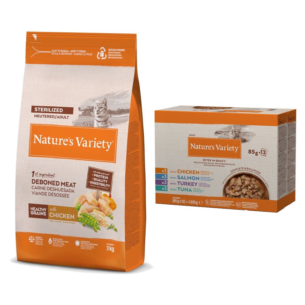 3 kg Nature's Variety + 12 x 85 g Bites Mix in Soße gratis! - Healthy Grains Sterilized Adult Huhn von Nature’s Variety
