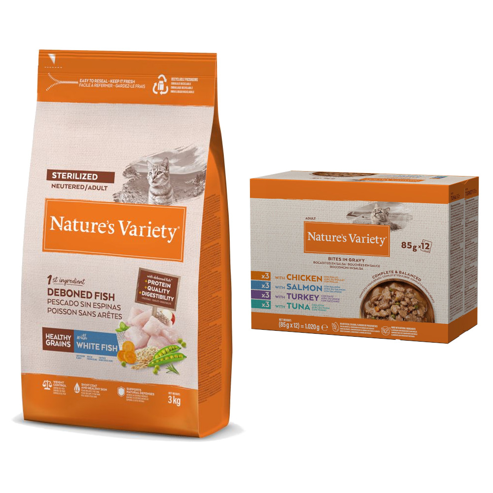 3 kg Nature's Variety + 12 x 85 g Bites Mix in Soße gratis! - Healthy Grains Sterilized Adult Weißfisch von Nature’s Variety