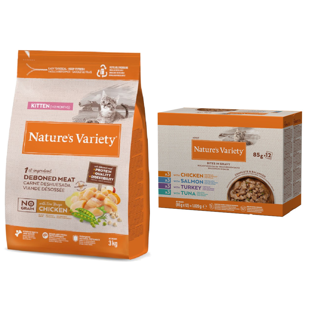 3 kg Nature's Variety + 12 x 85 g Bites Mix in Soße gratis! - No Grain Kitten Freilandhuhn von Nature’s Variety