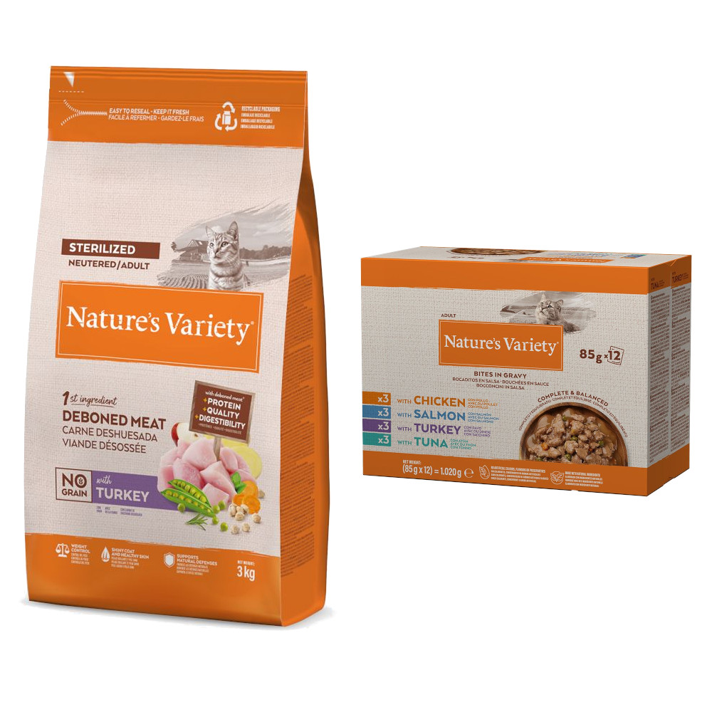 3 kg Nature's Variety + 12 x 85 g Bites Mix in Soße gratis! - No Grain Sterilized Adult Truthahn von Nature’s Variety