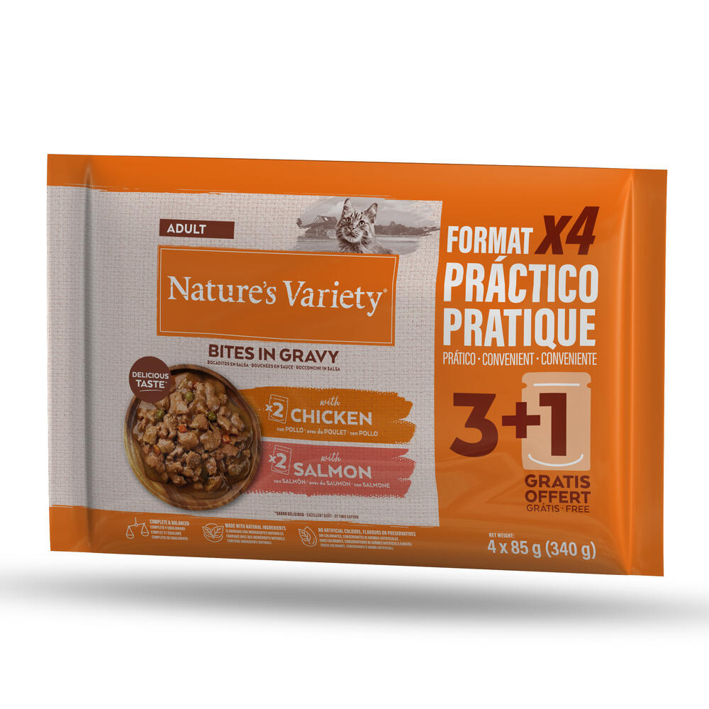 30 + 14 gratis! 44 x 85 g Nature's Variety Bites in Soße Adult - mit Huhn und Lachs von Nature’s Variety