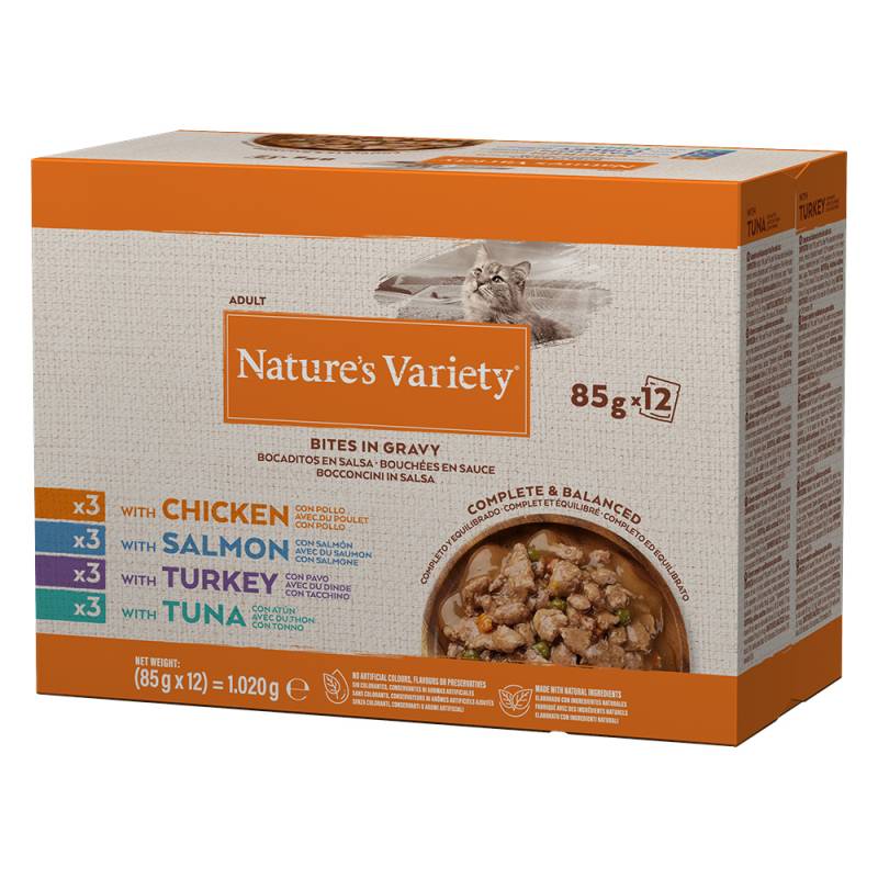 38 + 10 gratis! 48 x 70 g / 85 g Nature's Variety - 48 x 85 g Bites in Soße: Mix (4 Sorten) von Nature’s Variety