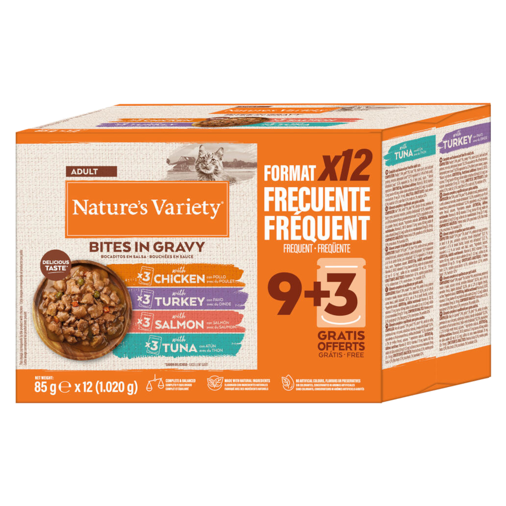 38 + 10 gratis! 48 x 70 g / 85 g Nature's Variety Adult - 48 x 85 g Bites in Soße: Mix, 4 Sorten von Nature’s Variety