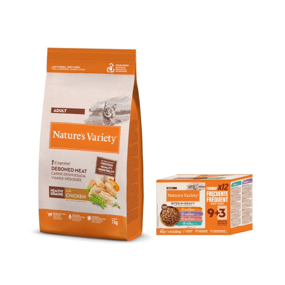 7 kg Nature's Variety + 12 x 85 g Bites in Soße Adult Mixpaket gratis! - Healthy Grains Adult Huhn von Nature’s Variety