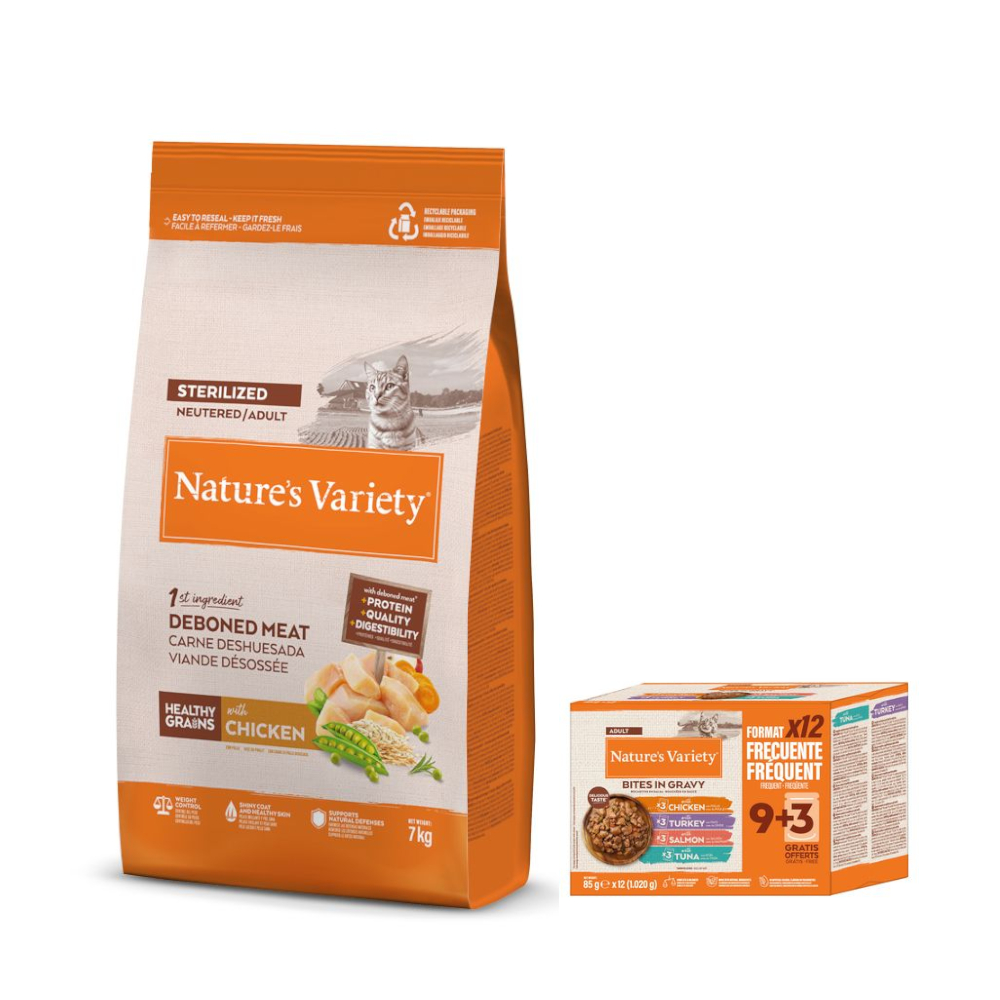 7 kg Nature's Variety + 12 x 85 g Bites in Soße Adult Mixpaket gratis! - Healthy Grains Sterilized Adult Huhn von Nature’s Variety