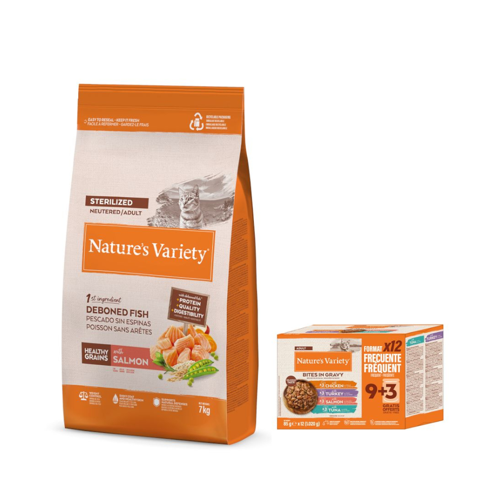 7 kg Nature's Variety + 12 x 85 g Bites in Soße Adult Mixpaket gratis! - Healthy Grains Sterilized Adult Lachs von Nature’s Variety