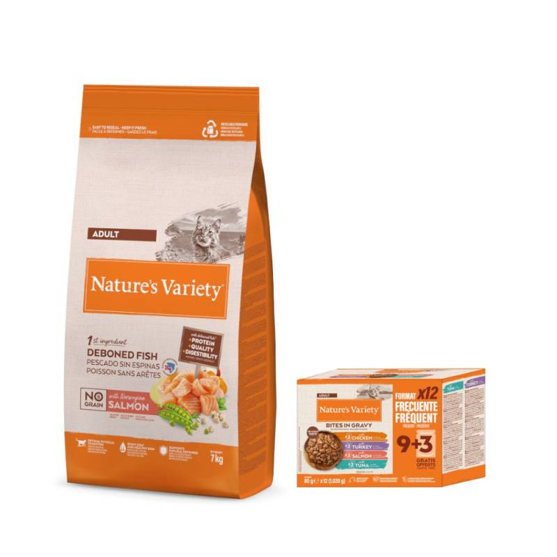 7 kg Nature's Variety + 12 x 85 g Bites in Soße Adult Mixpaket gratis! - No Grain Adult Norwegischer Lachs von Nature’s Variety