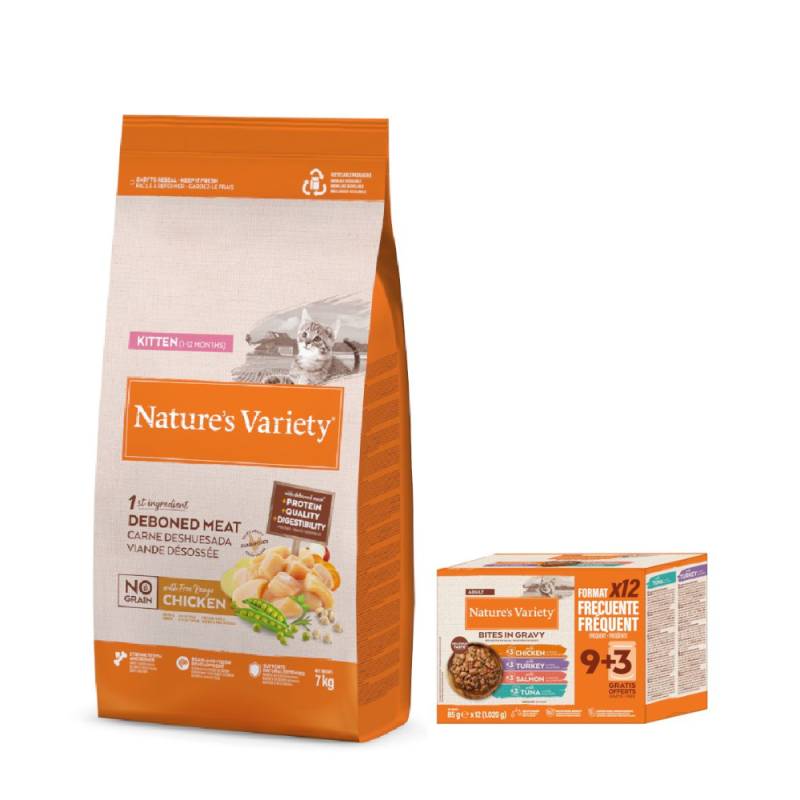 7 kg Nature's Variety + 12 x 85 g Bites in Soße Adult Mixpaket gratis! - No Grain Kitten Freilandhuhn von Nature’s Variety