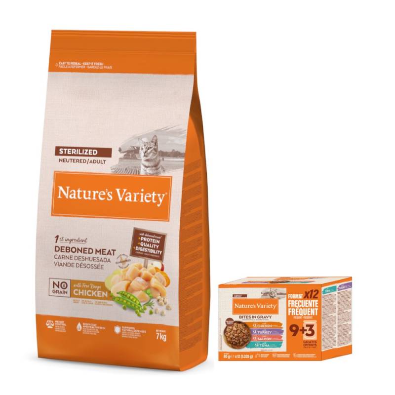 7 kg Nature's Variety + 12 x 85 g Bites in Soße Adult Mixpaket gratis! - No Grain Sterilized Adult Freilandhuhn von Nature’s Variety