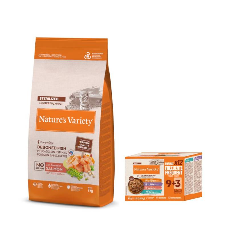 7 kg Nature's Variety + 12 x 85 g Bites in Soße Adult Mixpaket gratis! - No Grain Sterilized Adult Norwegischer Lachs von Nature’s Variety