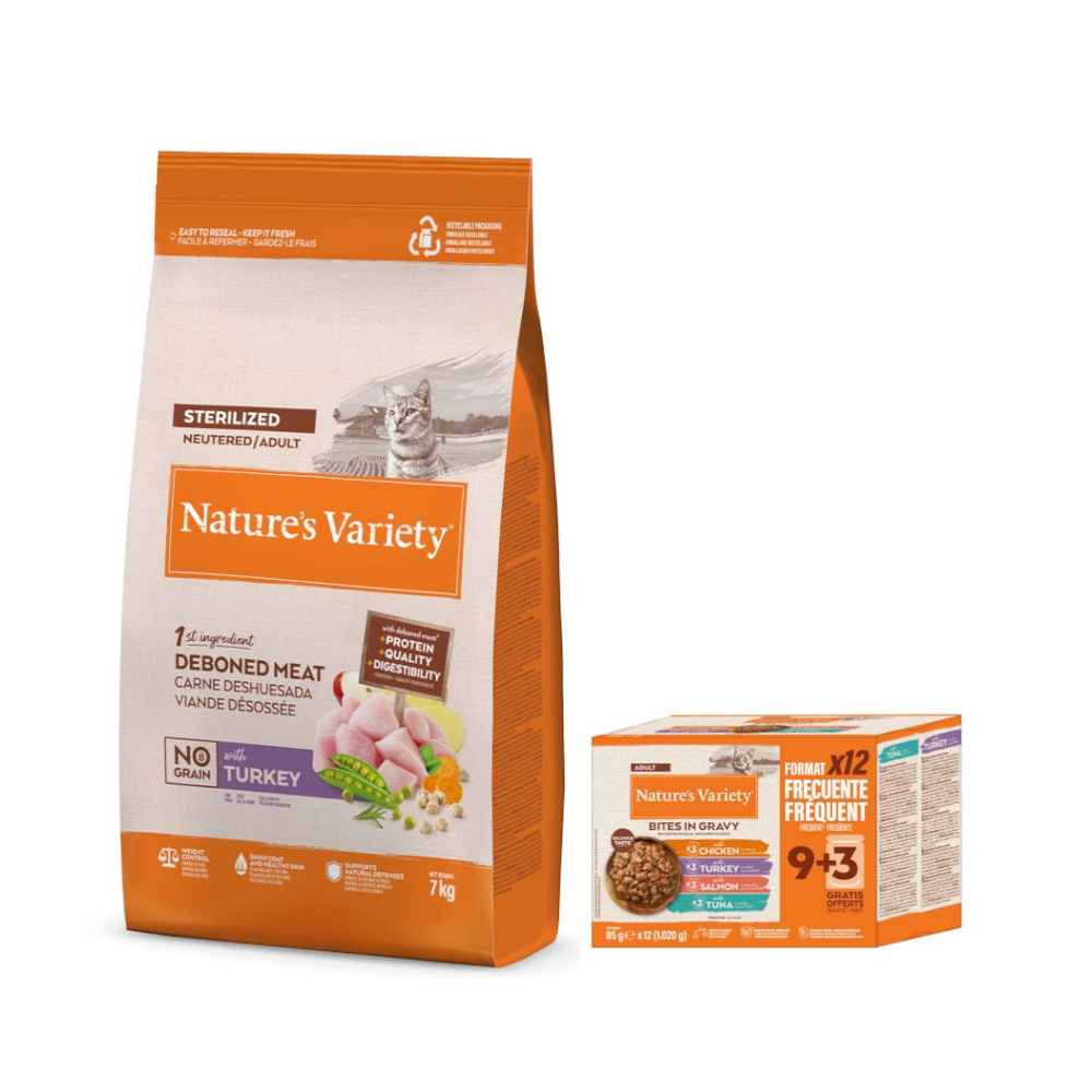 7 kg Nature's Variety + 12 x 85 g Bites in Soße Adult Mixpaket gratis! - No Grain Sterilized Adult Truthahn von Nature’s Variety