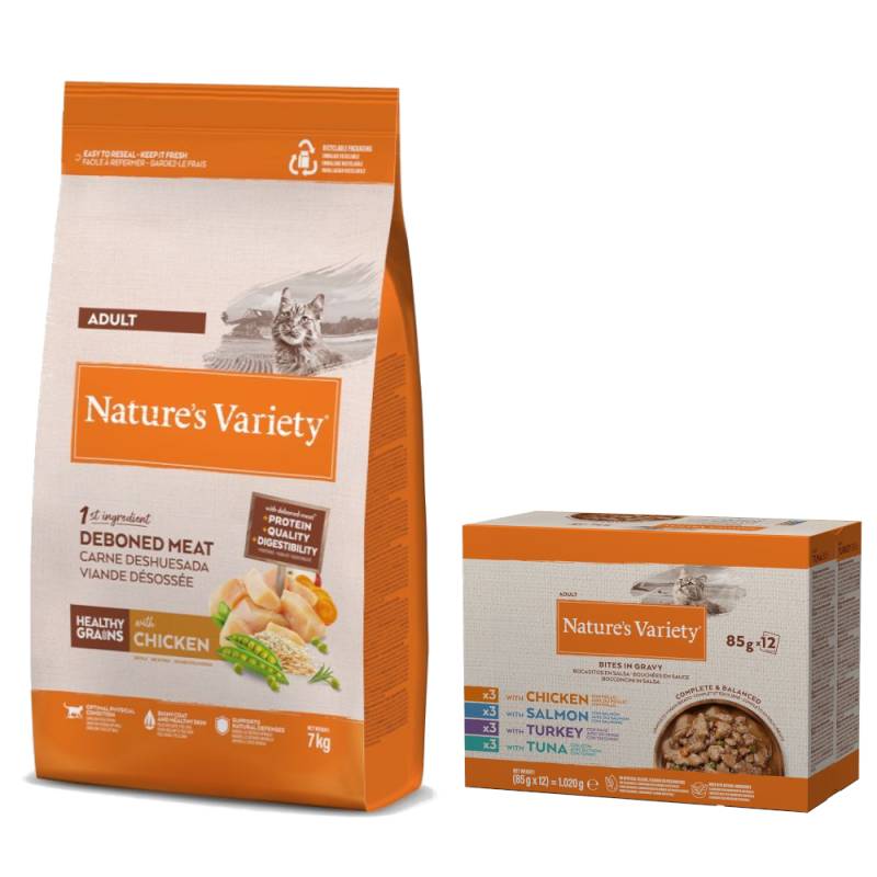 7 kg Nature's Variety + 12 x 85 g Mixpaket Bites in Soße gratis! - Healthy Grains Adult Huhn von Nature’s Variety