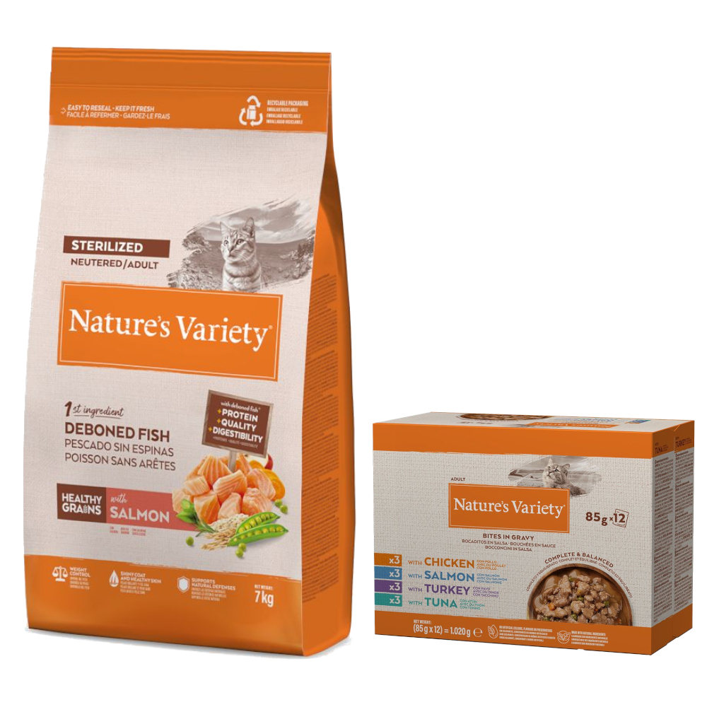 7 kg Nature's Variety + 12 x 85 g Mixpaket Bites in Soße gratis! - Healthy Grains Sterilized Adult Lachs 7 kg Nature's Variety + 12 x 85 g Mixpaket Bites in Soße gratis! - Healthy Grains Sterilized Adult Lachs von Nature’s Variety