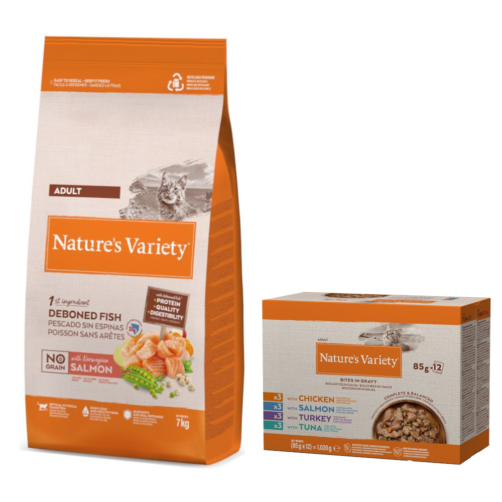7 kg Nature's Variety + 12 x 85 g Mixpaket Bites in Soße gratis! - No Grain Adult Norwegischer Lachs 7 kg Nature's Variety + 12 x 85 g Mixpaket Bites in Soße gratis! - No Grain Adult Norwegischer Lachs von Nature’s Variety