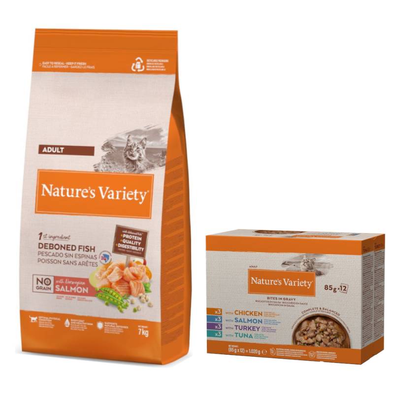 7 kg Nature's Variety + 12 x 85 g Mixpaket Bites in Soße gratis! - No Grain Adult Norwegischer Lachs von Nature’s Variety