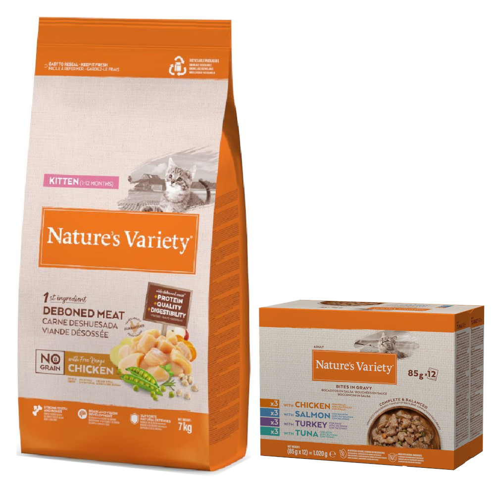 7 kg Nature's Variety + 12 x 85 g Mixpaket Bites in Soße gratis! - No Grain Kitten Freilandhuhn 7 kg Nature's Variety + 12 x 85 g Mixpaket Bites in Soße gratis! - No Grain Kitten Freilandhuhn von Nature’s Variety