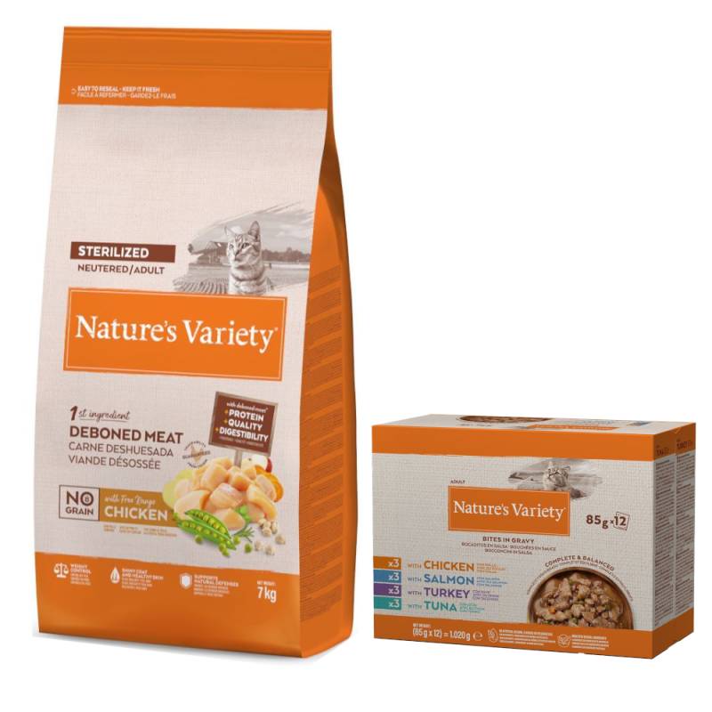 7 kg Nature's Variety + 12 x 85 g Mixpaket Bites in Soße gratis! - No Grain Sterilized Adult Freilandhuhn von Nature’s Variety