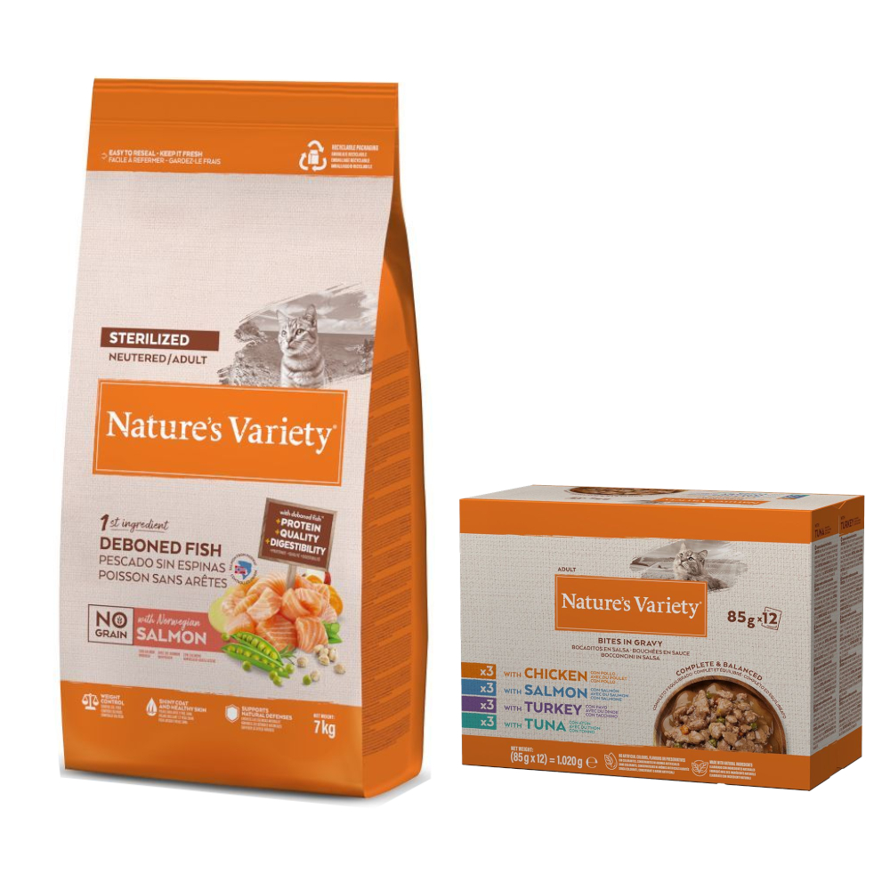 7 kg Nature's Variety + 12 x 85 g Mixpaket Bites in Soße gratis! - No Grain Sterilized Adult Norwegischer Lachs 7 kg Nature's Variety + 12 x 85 g Mixpaket Bites in Soße gratis! - No Grain Sterilized Adult Norwegischer Lachs von Nature’s Variety