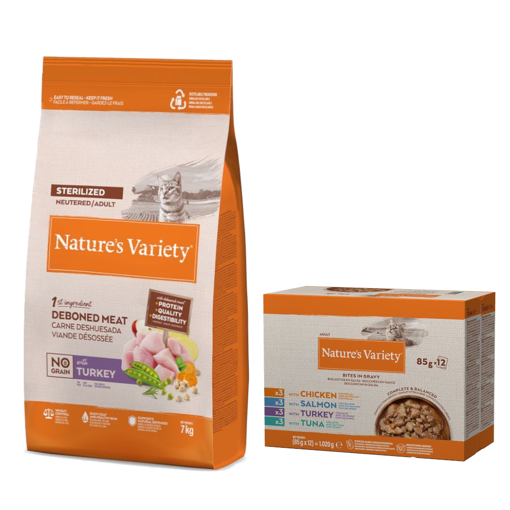 7 kg Nature's Variety + 12 x 85 g Mixpaket Bites in Soße gratis! - No Grain Sterilized Adult Truthahn 7 kg Nature's Variety + 12 x 85 g Mixpaket Bites in Soße gratis! - No Grain Sterilized Adult Truthahn von Nature’s Variety