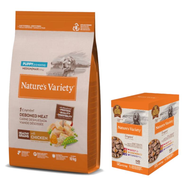Nature's Variety Trockenfutter + Original Paté No Grain Adult Nassfutter gratis! - 10 kg Healthy Grains Puppy Medium/Maxi Huhn + 4 x 300 g Rind, Huhn, Truthahn Nature's Variety Trockenfutter + Original Paté No Grain Adult Nassfutter gratis! - 10 kg Healthy Grains Puppy Medium/Maxi Huhn + 4 x 300 g Rind, Huhn, Truthahn von Nature’s Variety