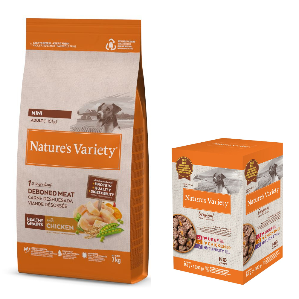 Nature's Variety Trockenfutter + Original Paté No Grain Adult Nassfutter gratis! - 7 kg Healthy Grains Adult Mini Huhn + 4 x 150 g Rind, Huhn, Truthahn von Nature’s Variety