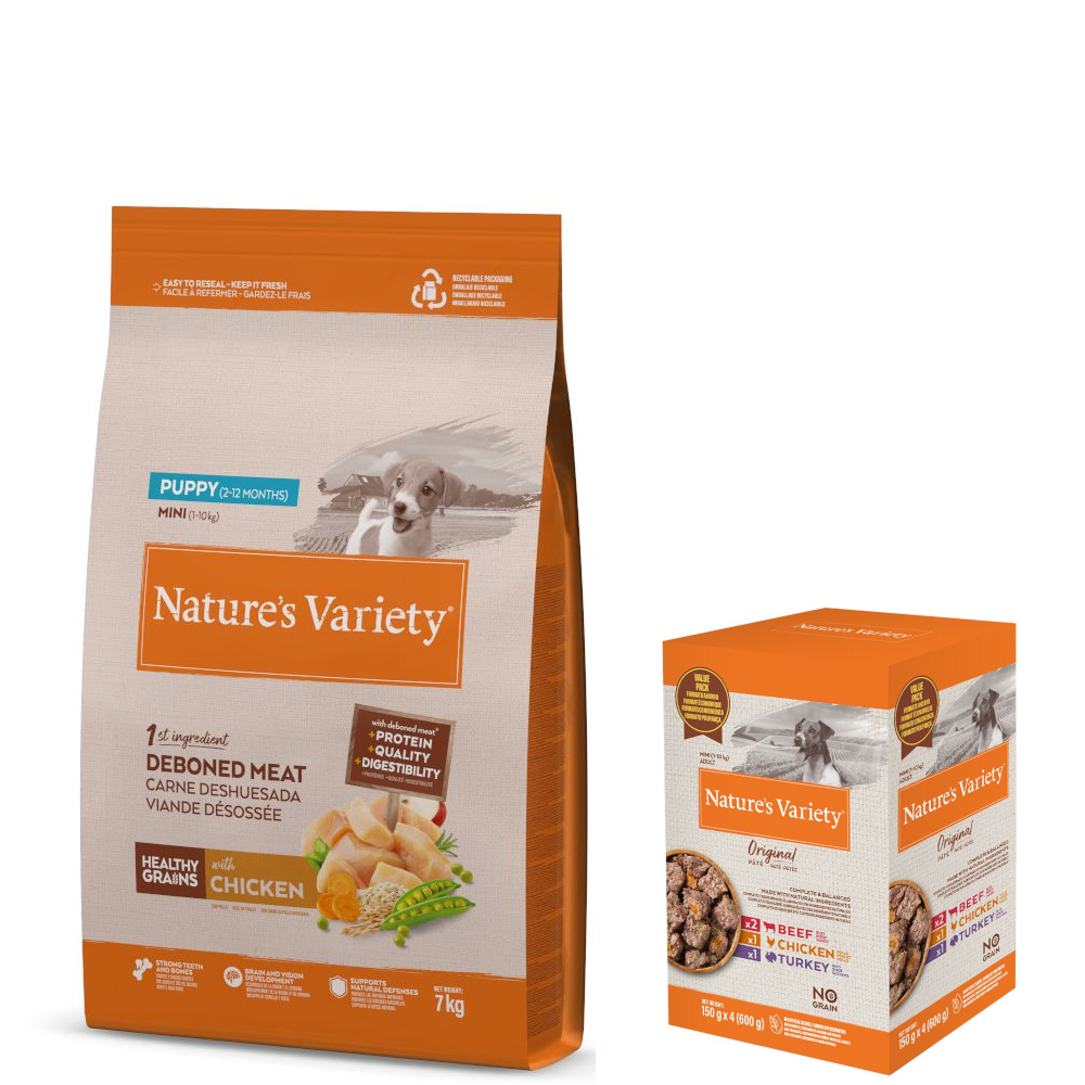 Nature's Variety Trockenfutter + Original Paté No Grain Adult Nassfutter gratis! - 7 kg Healthy Grains Puppy Mini Huhn + 4 x 150 g Rind, Huhn, Truthahn von Nature’s Variety