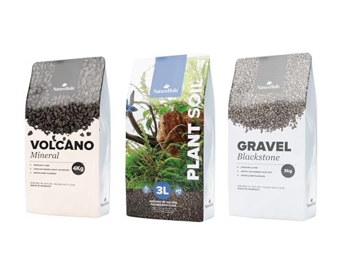 Aquarium Kies & Bodengrund Komplettset | Volcano Mineral, Plant Soil & Gravel Blackstone | Dreischichtig für stabile Wasserwerte, gesunde Pflanzen & schönes Layout | Für Aquarien 10-100+ Liter von NatureHolic