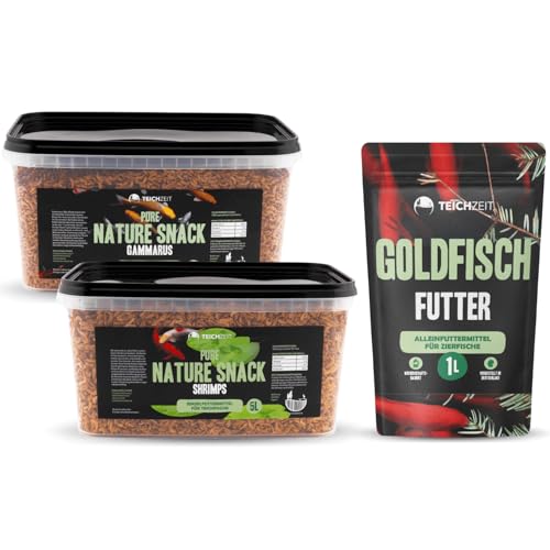Goldfisch Futterpaket | Abwechslungsreiche & natürliche Fütterung für Teichfische | 1x Goldfisch Futter, 1x Pure Nature Snacks Gammarus & 1x Pure Nature Snacks Shrimp von NatureHolic