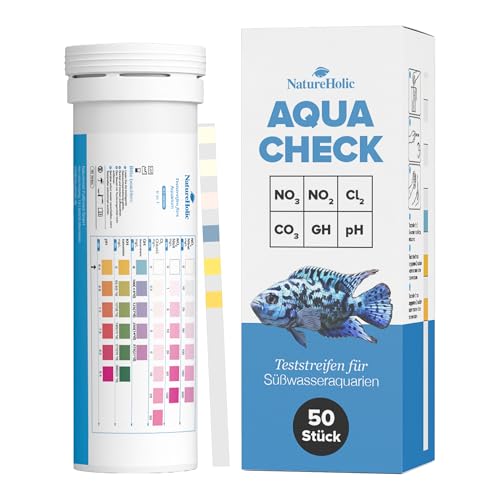 NatureHolic Aquarium Teststreifen 6 in 1 - Schnelltest für Nitrit, Nitrat, Chlor, pH, Gesamthärte & Karbonathärte - Für Aquarium, Garnelenbecken & Frischwasser von NatureHolic