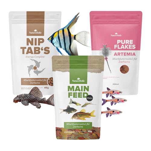 NatureHolic Fisch 'Alles-drin-Paket' | Aquarium Fischfutter Mix | Flakes, Flocken und Hafttabletten | Komplettset für gesunde, farbenprächtige Zierfische | Mit Omega3, Artemia & Vitaminen von NatureHolic