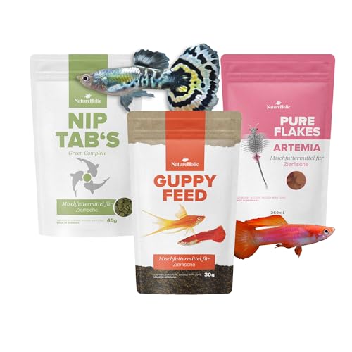 NatureHolic Guppy Futter Komplett Set | Guppy Futter Softgranulat, Flakes & Hafttablette | Futtermix für Guppys & lebendgebärende Zierfische | Mit Omega3, Algen, Vitaminen & Farbboostern von NatureHolic