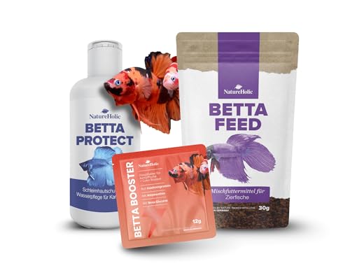 NatureHolic Kampffisch Set | Betta Futter & Pflege | Hochwertiges Granulat + Farbbooster + Schleimhautschutz | Leitungswasser Easy fischgerecht | Für Betta splendens von NatureHolic
