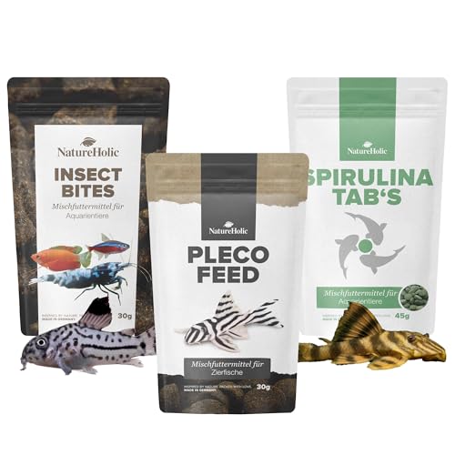 NatureHolic Wels Futter Tabletten Set | Plecofeed, Spirulina Tabs & Insect Bites | Abwechslungsreiche Nährstoffversorgung für Saugwelse, Wirbellose & Bodenfische | Mit Algen, Insekten & Vitaminen von NatureHolic