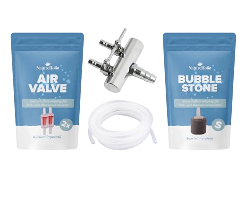 Sprudelstein für Aquarium Komplettset | Aquarium Deko Ausströmerstein Set | 1 Luftverteiler, 2 Rückschlagventile, 1m Luftschlauch 4/6 mm, | Effektive Sauerstoffzufuhr & verbesserte Wasserzirkulation Sprudelstein für Aquarium Komplettset | Aquarium Deko Ausströmerstein Set | 1 Luftverteiler, 2 Rückschlagventile, 1m Luftschlauch 4/6 mm, | Effektive Sauerstoffzufuhr & verbesserte Wasserzirkulation von NatureHolic
